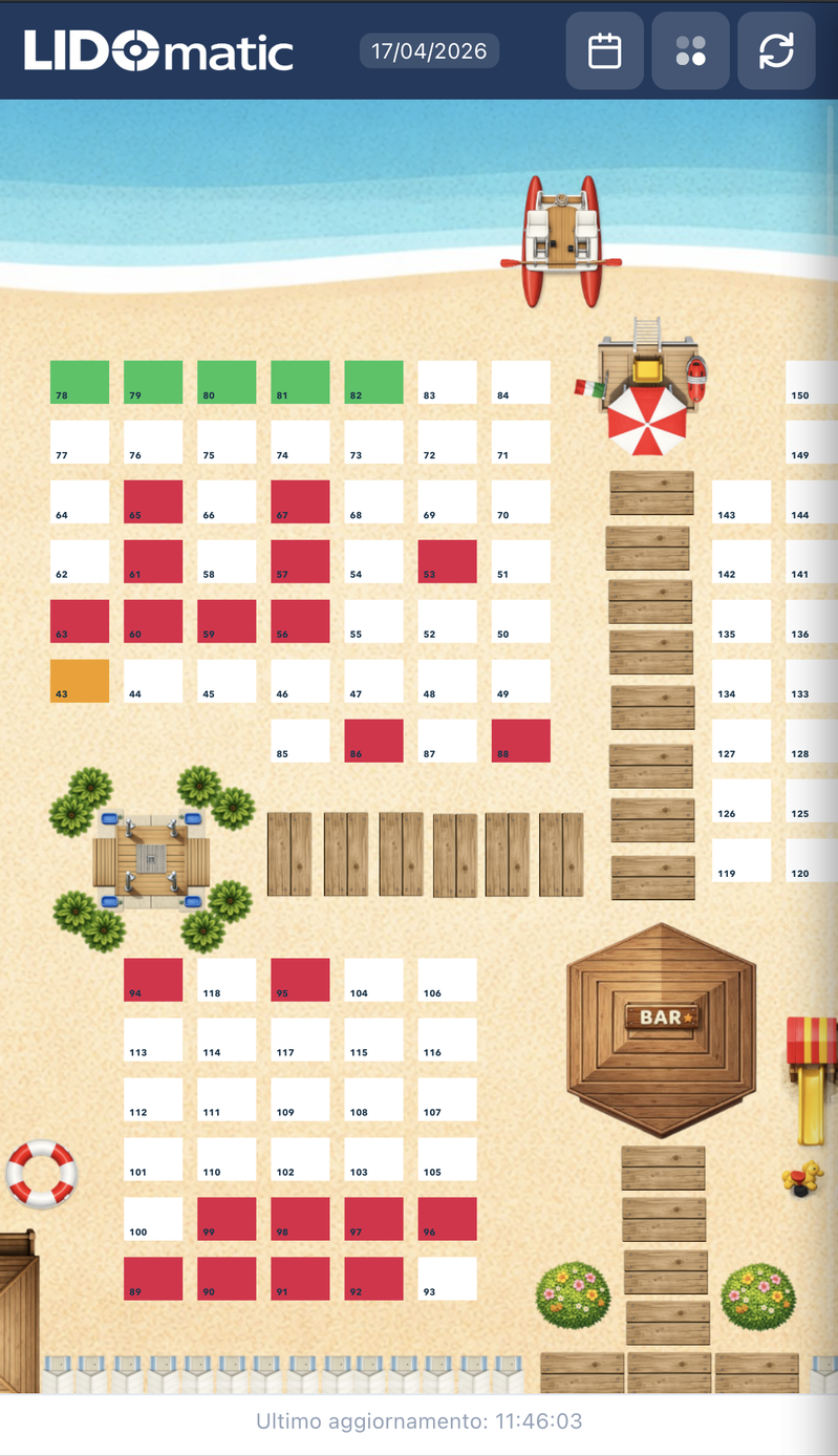 Schermata del gestionale Lidomatic vista tablet con mappa degli ombrelloni