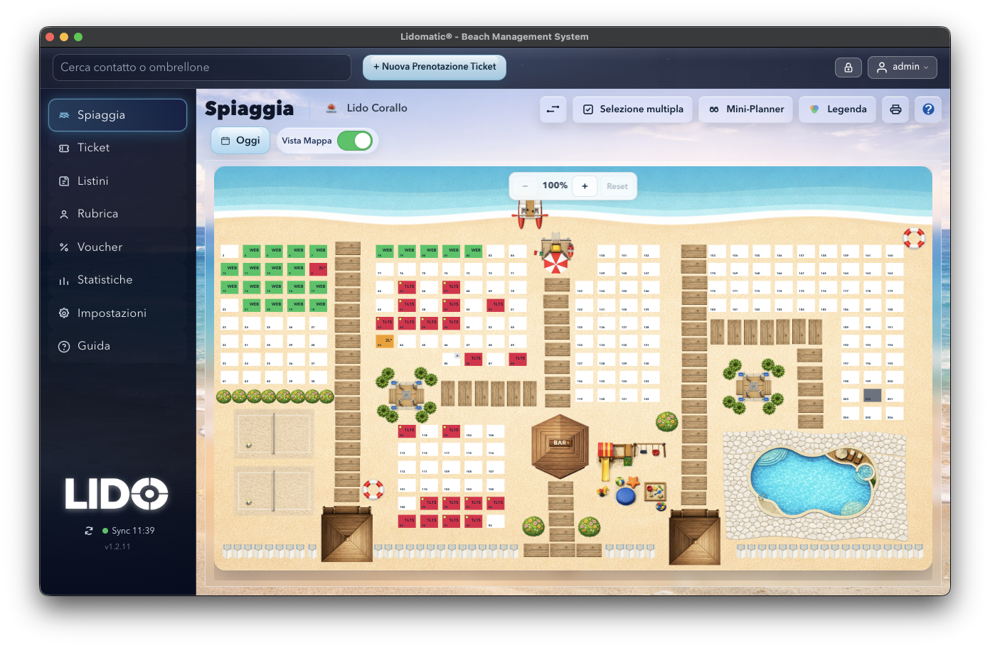 Interfaccia Lidomatic con mappa degli ombrelloni colorati: verde per disponibile, arancione per occupato